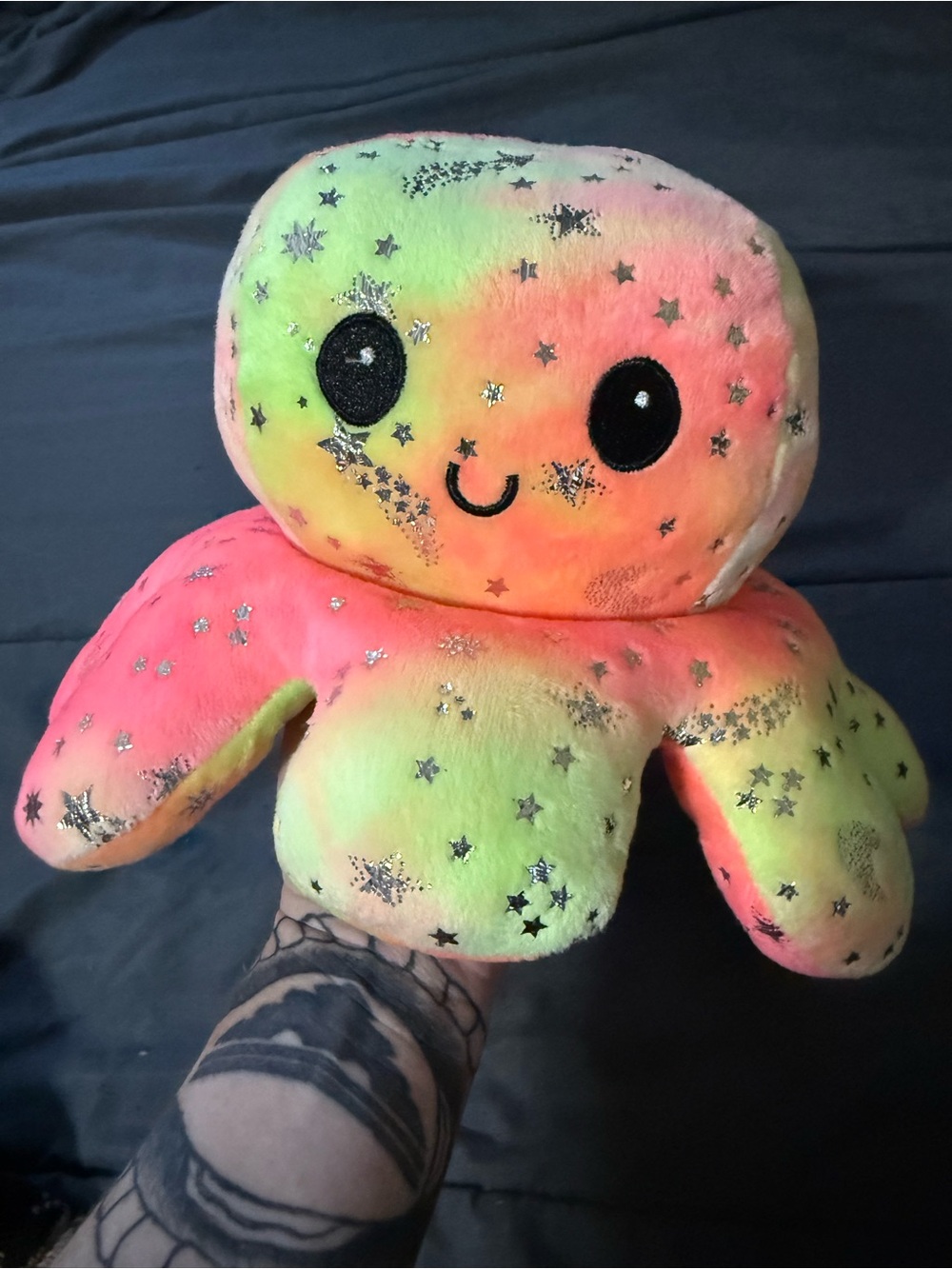 Large Rainbow Star Octopus Plush Toy - Neon Pink & Lime REVERSIBLE